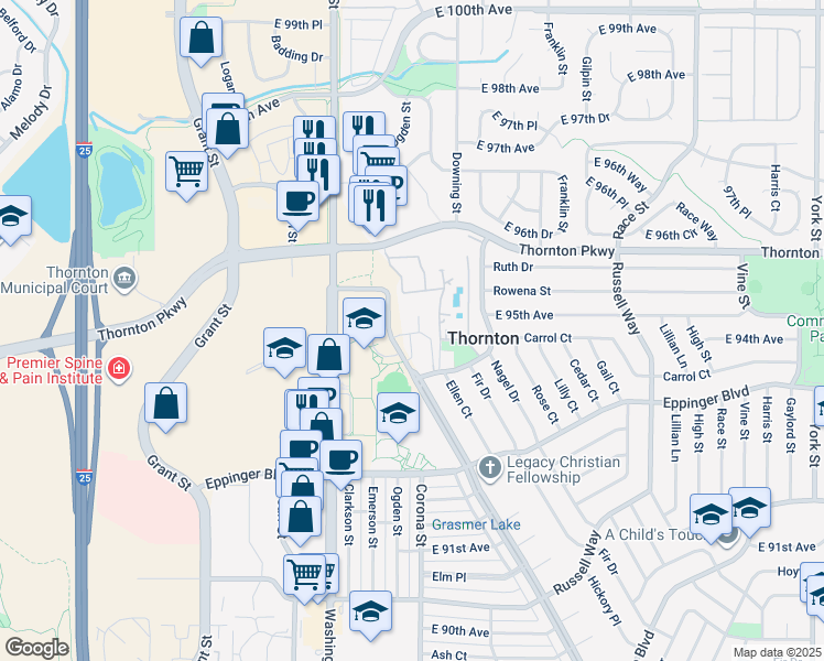 map of restaurants, bars, coffee shops, grocery stores, and more near 9440 Hoffman Way in Thornton