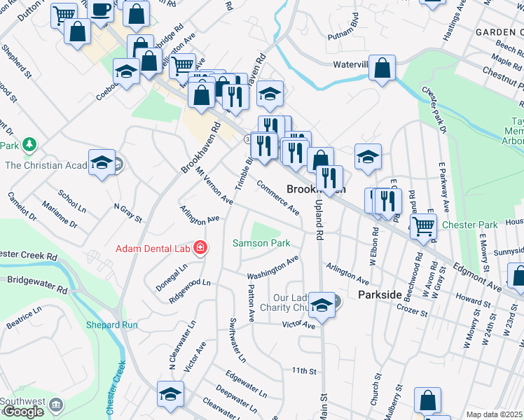 map of restaurants, bars, coffee shops, grocery stores, and more near 3443 Mount Vernon Avenue in Brookhaven