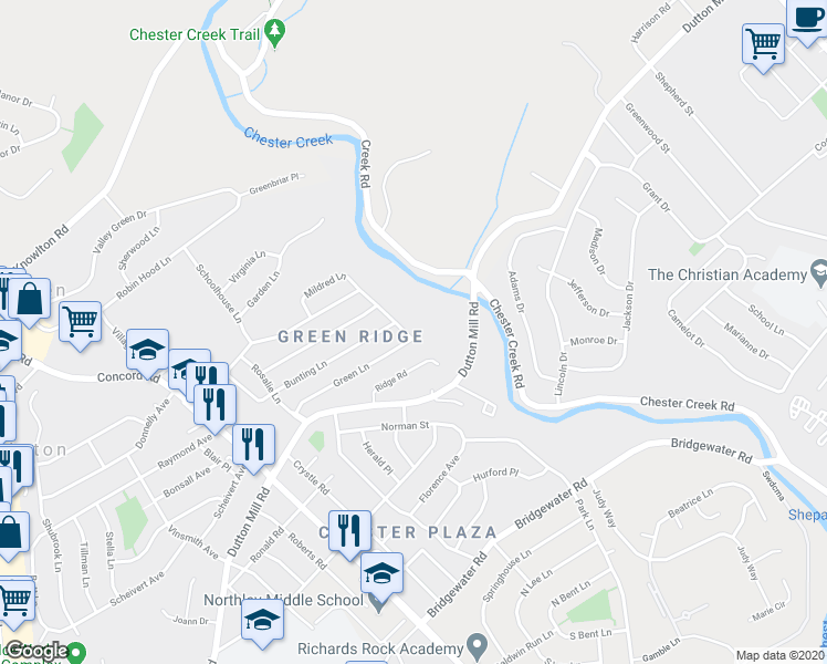 map of restaurants, bars, coffee shops, grocery stores, and more near 62 Mildred Lane in Aston