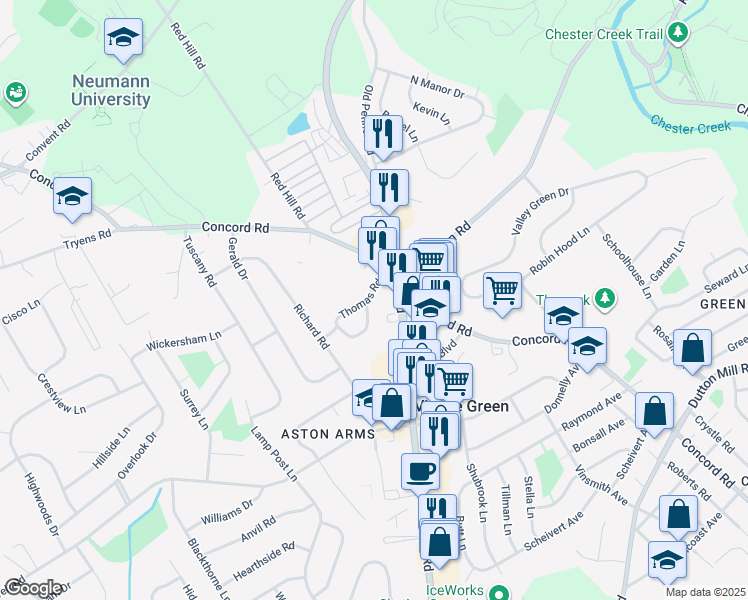 map of restaurants, bars, coffee shops, grocery stores, and more near 298 Pennell Road in Aston