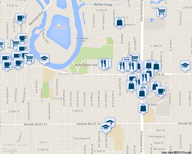 map of restaurants, bars, coffee shops, grocery stores, and more near 1715 Broad Ripple Avenue in Indianapolis