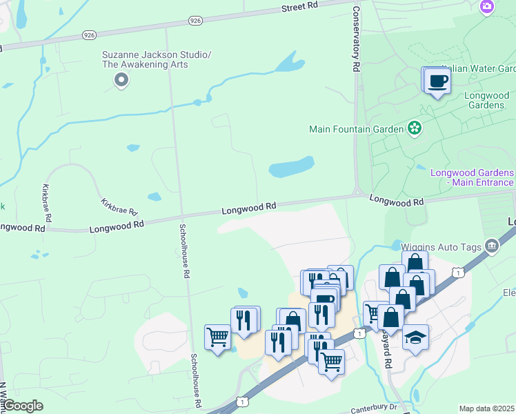 map of restaurants, bars, coffee shops, grocery stores, and more near Longwood Road in Kennett Square