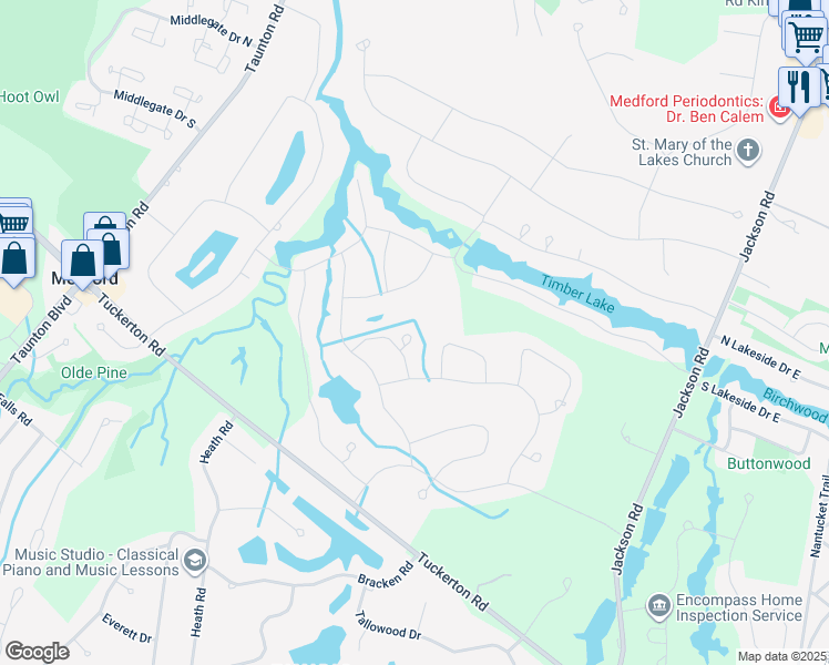 map of restaurants, bars, coffee shops, grocery stores, and more near 3 Normandy Court in Medford