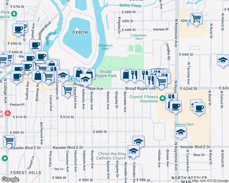 map of restaurants, bars, coffee shops, grocery stores, and more near 1645 Broad Ripple Avenue in Indianapolis