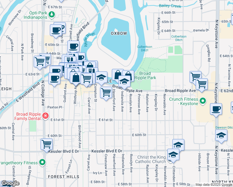 map of restaurants, bars, coffee shops, grocery stores, and more near 6261 Haverford Avenue in Indianapolis