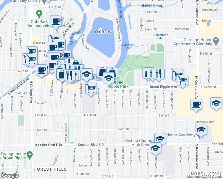 map of restaurants, bars, coffee shops, grocery stores, and more near 1415 Broad Ripple Avenue in Indianapolis