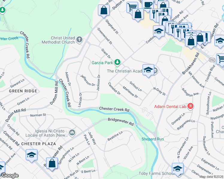 map of restaurants, bars, coffee shops, grocery stores, and more near 422 Sir Galahad Drive in Brookhaven
