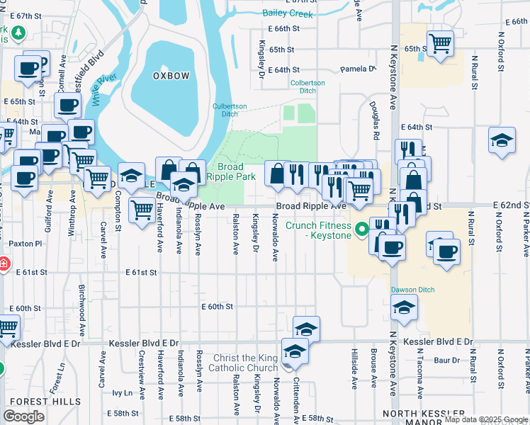 map of restaurants, bars, coffee shops, grocery stores, and more near 1715 Broad Ripple Avenue in Indianapolis