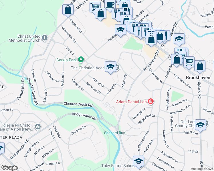 map of restaurants, bars, coffee shops, grocery stores, and more near 4213 School Lane in Brookhaven