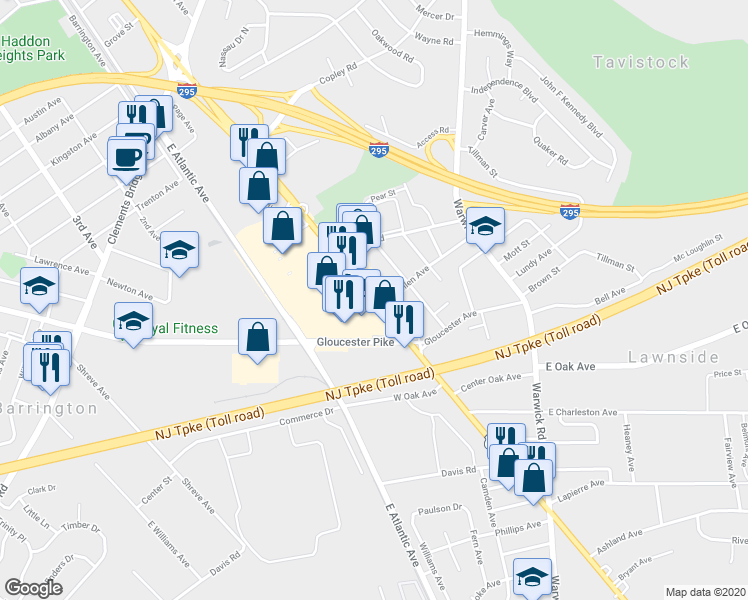 map of restaurants, bars, coffee shops, grocery stores, and more near 210 N White Horse Pike in Lawnside