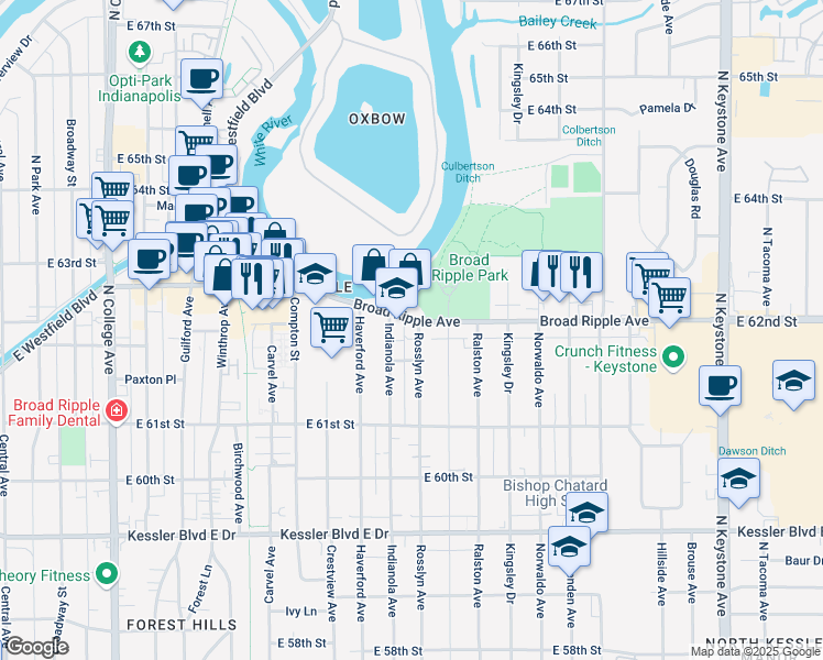 map of restaurants, bars, coffee shops, grocery stores, and more near 1419 Broad Ripple Avenue in Indianapolis