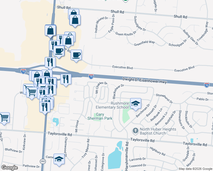 map of restaurants, bars, coffee shops, grocery stores, and more near 8209 Mount Washington Drive in Huber Heights