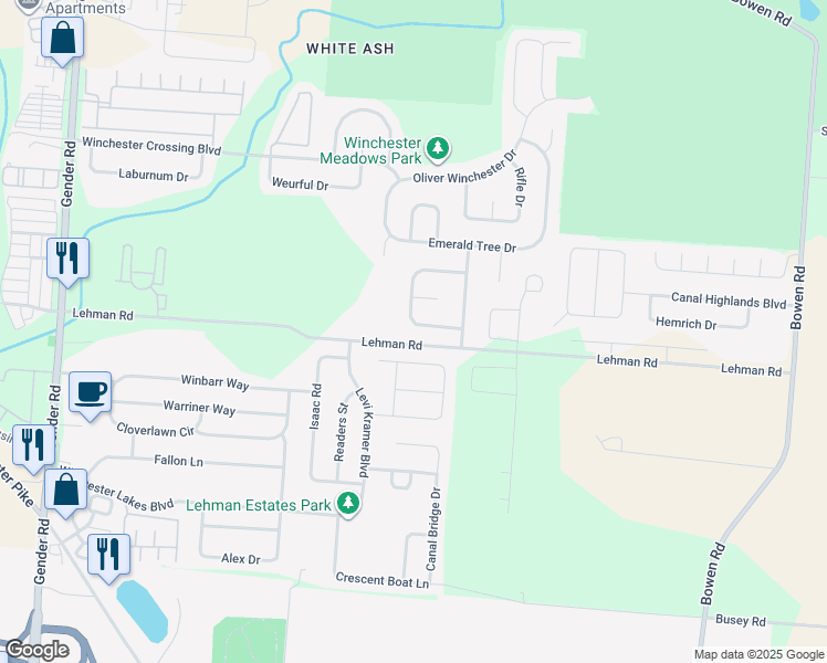 map of restaurants, bars, coffee shops, grocery stores, and more near 5505 Meadow Passage Drive in Canal Winchester