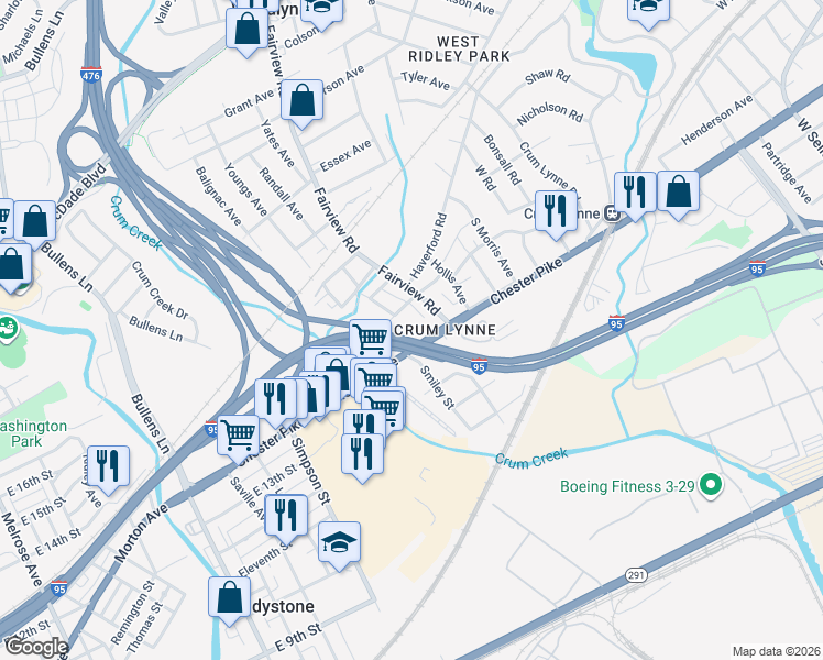 map of restaurants, bars, coffee shops, grocery stores, and more near 1329 Chester Pike in Eddystone