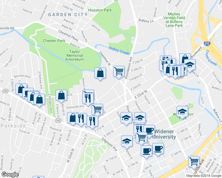 map of restaurants, bars, coffee shops, grocery stores, and more near 451 East 24th Street in Chester