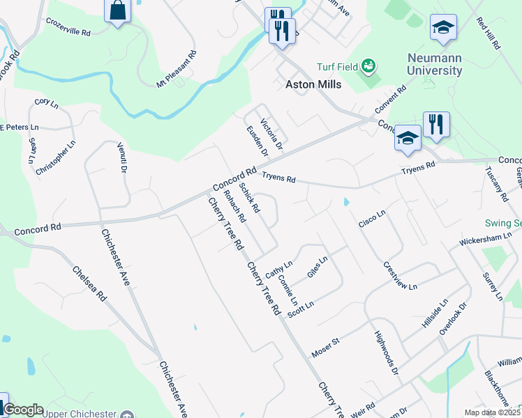 map of restaurants, bars, coffee shops, grocery stores, and more near 519 Schick Road in Aston