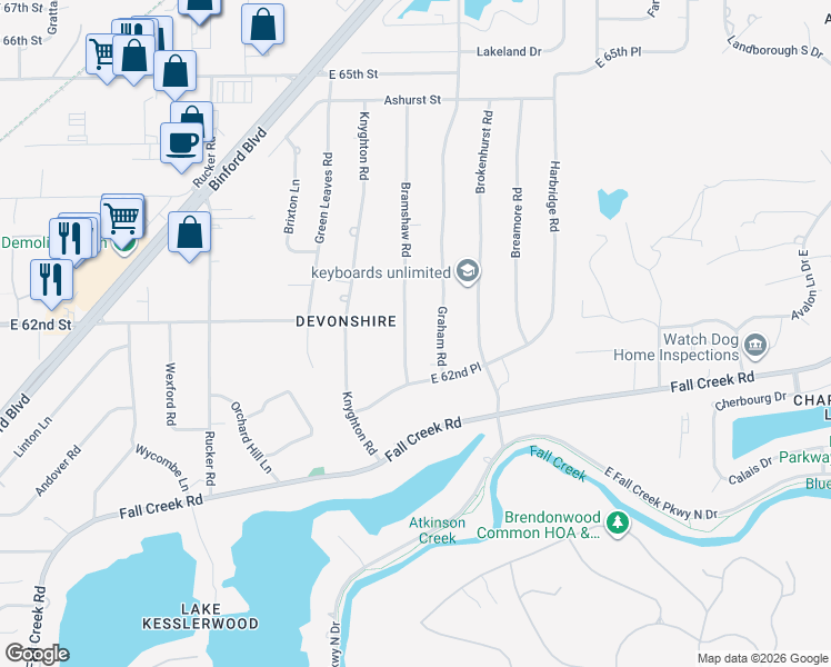 map of restaurants, bars, coffee shops, grocery stores, and more near 6141 Bramshaw Road in Indianapolis