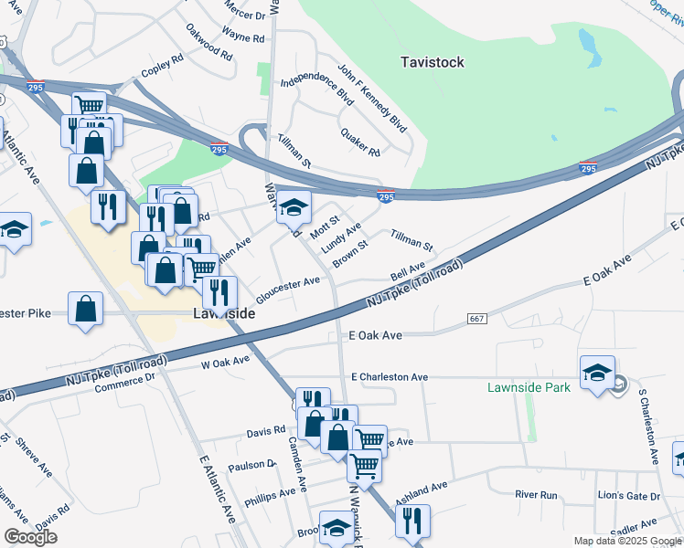 map of restaurants, bars, coffee shops, grocery stores, and more near 1 Brown Street in Lawnside