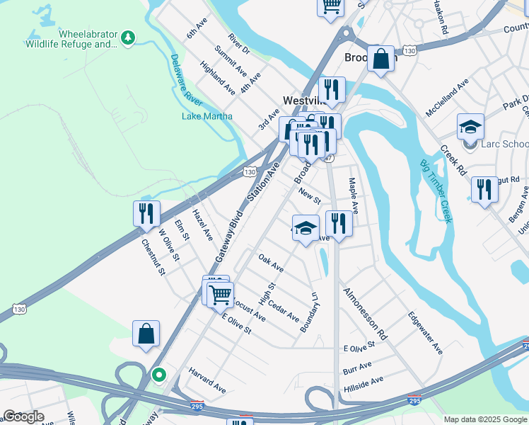 map of restaurants, bars, coffee shops, grocery stores, and more near 368 Broadway in Westville