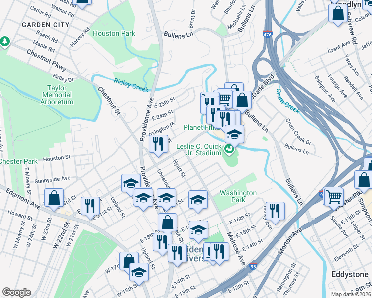 map of restaurants, bars, coffee shops, grocery stores, and more near 907 East 22nd Street in Chester