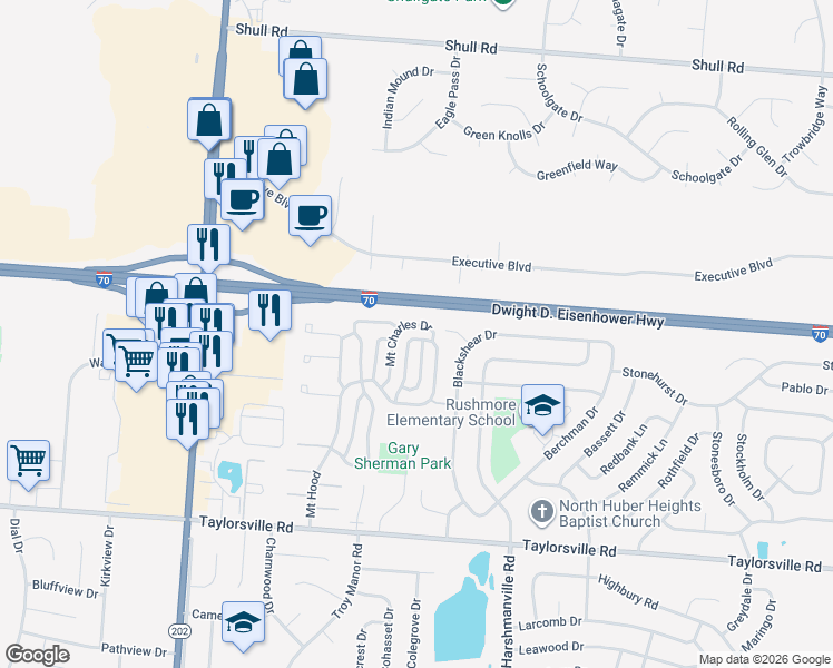 map of restaurants, bars, coffee shops, grocery stores, and more near 8209 Mount Washington Drive in Huber Heights