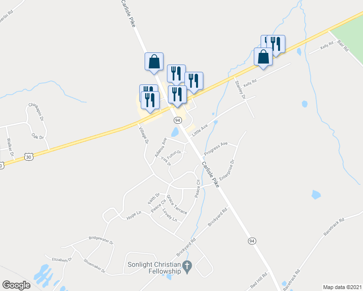 map of restaurants, bars, coffee shops, grocery stores, and more near 14 Adams Avenue in New Oxford