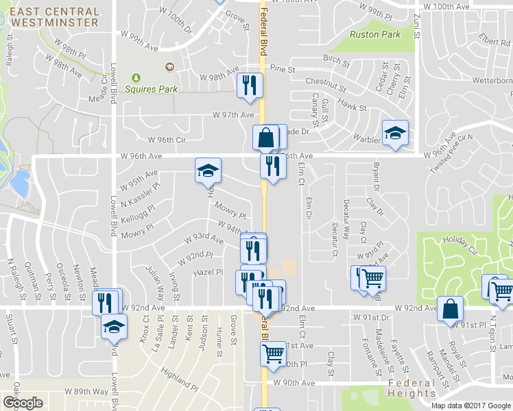 map of restaurants, bars, coffee shops, grocery stores, and more near 9470 Green Court in Westminster
