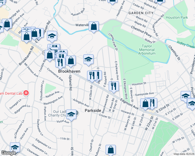 map of restaurants, bars, coffee shops, grocery stores, and more near 28 East Chelton Road in Brookhaven