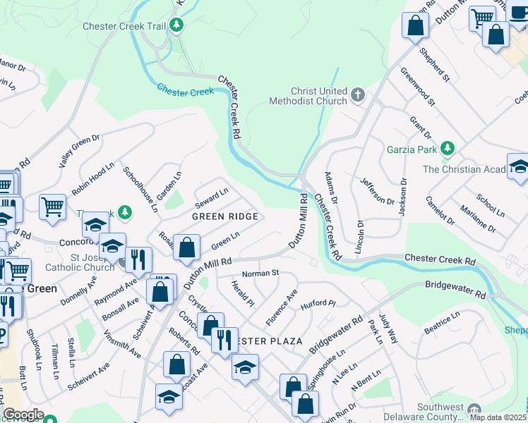 map of restaurants, bars, coffee shops, grocery stores, and more near 64 Mildred Lane in Aston