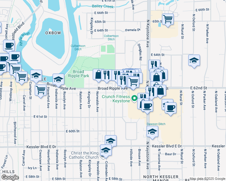 map of restaurants, bars, coffee shops, grocery stores, and more near 1927 Broad Ripple Avenue in Indianapolis