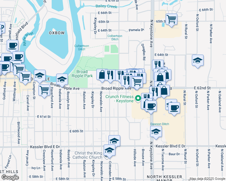 map of restaurants, bars, coffee shops, grocery stores, and more near 1927 Broad Ripple Avenue in Indianapolis
