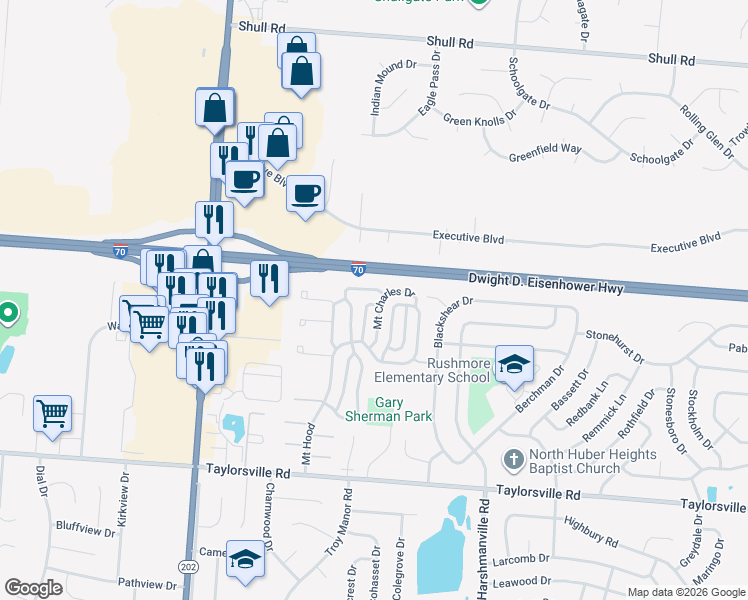 map of restaurants, bars, coffee shops, grocery stores, and more near 8231 Mount Mansfield in Dayton