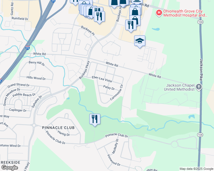map of restaurants, bars, coffee shops, grocery stores, and more near 1426 Palay Drive in Grove City