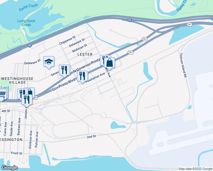 map of restaurants, bars, coffee shops, grocery stores, and more near 323 Massasoit Street in Delaware County