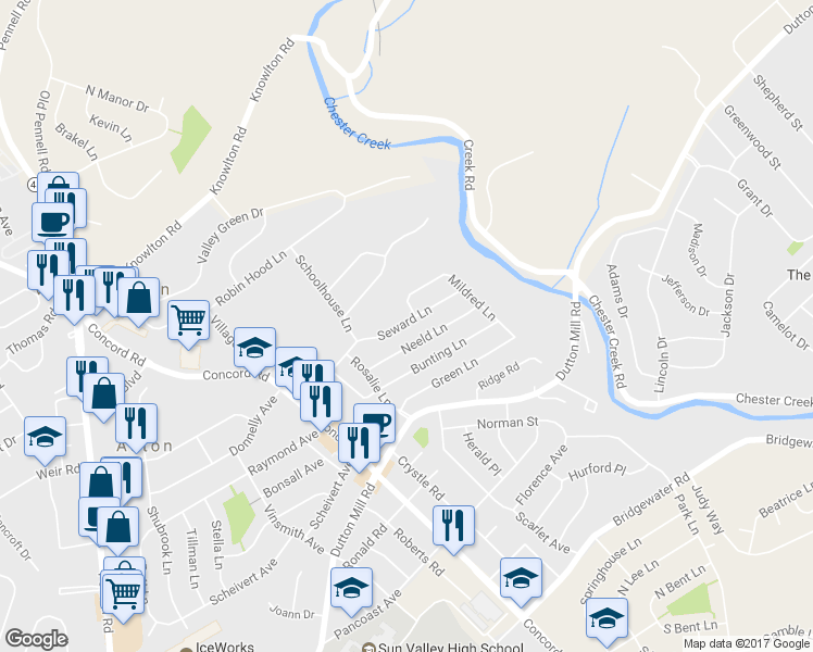 map of restaurants, bars, coffee shops, grocery stores, and more near 68 Seward Lane in Aston