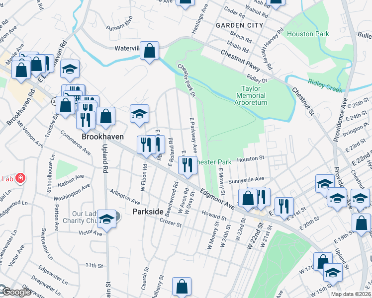 map of restaurants, bars, coffee shops, grocery stores, and more near 141 East Avon Road in Brookhaven