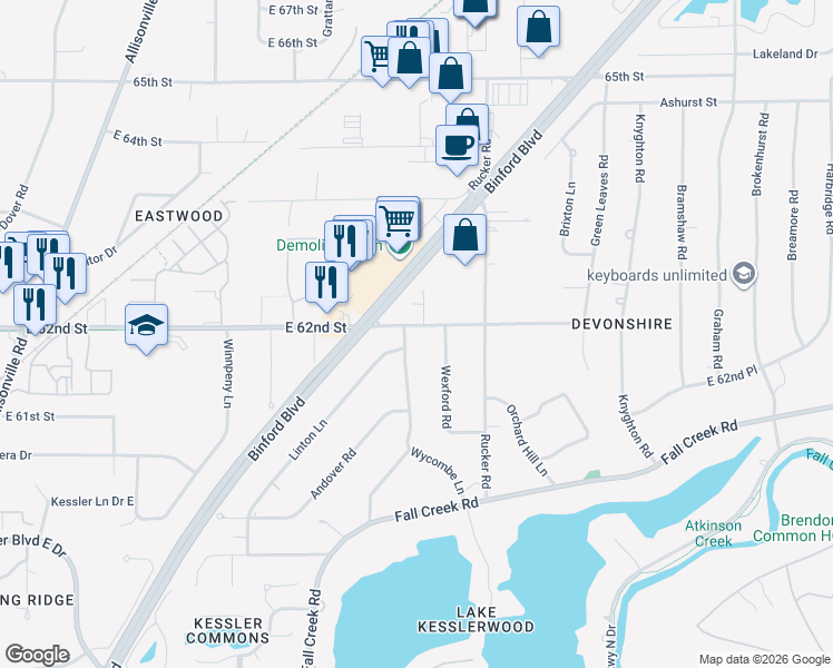 map of restaurants, bars, coffee shops, grocery stores, and more near 5151 East 62nd Street in Indianapolis