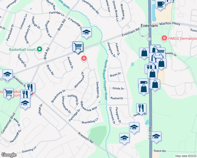 map of restaurants, bars, coffee shops, grocery stores, and more near 18 Sandpiper Drive in Voorhees Township