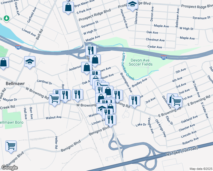 map of restaurants, bars, coffee shops, grocery stores, and more near 18 East Maple Avenue in Bellmawr