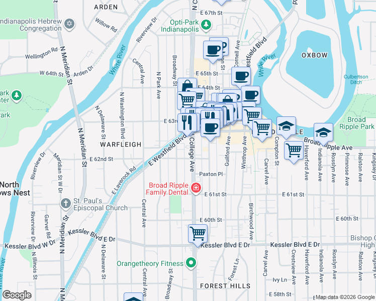map of restaurants, bars, coffee shops, grocery stores, and more near 6224 North College Avenue in Indianapolis