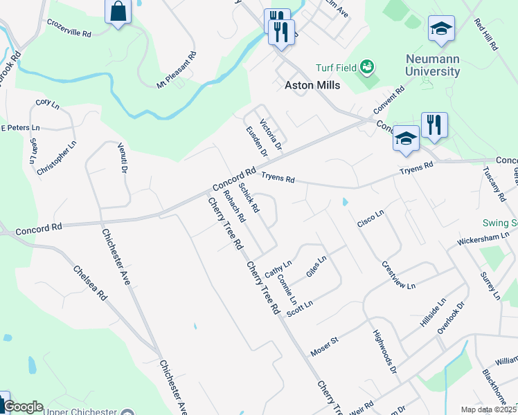 map of restaurants, bars, coffee shops, grocery stores, and more near 519 Schick Road in Aston