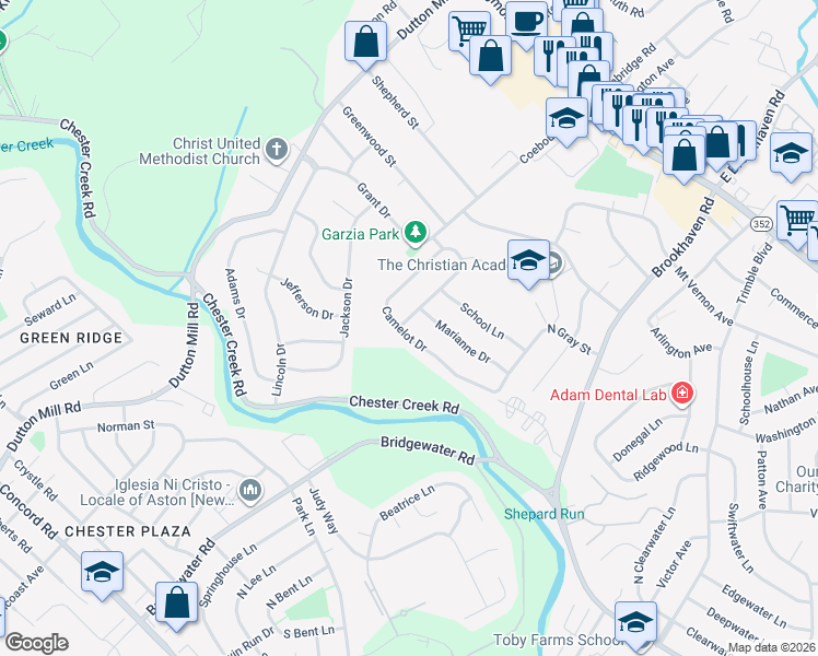map of restaurants, bars, coffee shops, grocery stores, and more near 422 Sir Galahad Drive in Brookhaven