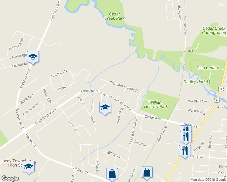 map of restaurants, bars, coffee shops, grocery stores, and more near 204 Waycross Court in Lacey Township