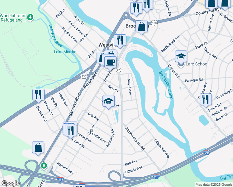 map of restaurants, bars, coffee shops, grocery stores, and more near 307 High St in Westville