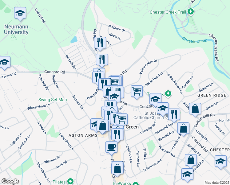 map of restaurants, bars, coffee shops, grocery stores, and more near 3500 Concord Road in Aston