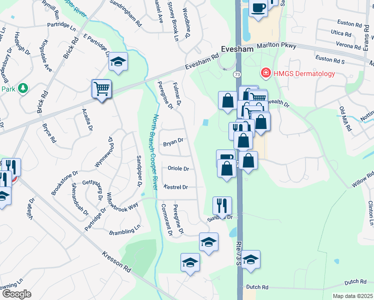 map of restaurants, bars, coffee shops, grocery stores, and more near 75 Peregrine Drive in Voorhees Township