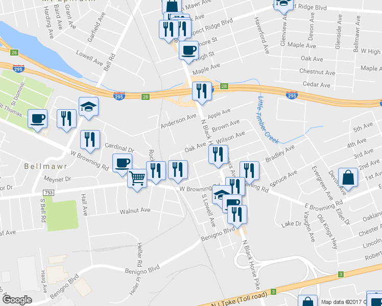 map of restaurants, bars, coffee shops, grocery stores, and more near 42 Oak Avenue in Bellmawr