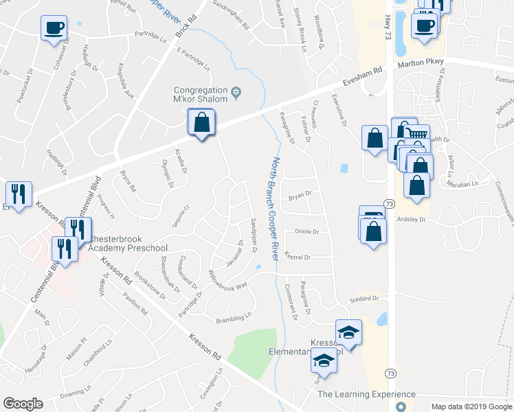 map of restaurants, bars, coffee shops, grocery stores, and more near 18 Sandpiper Drive in Voorhees Township