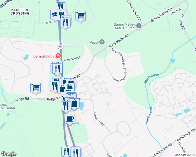 map of restaurants, bars, coffee shops, grocery stores, and more near 2403 Windfield Court in Delaware County