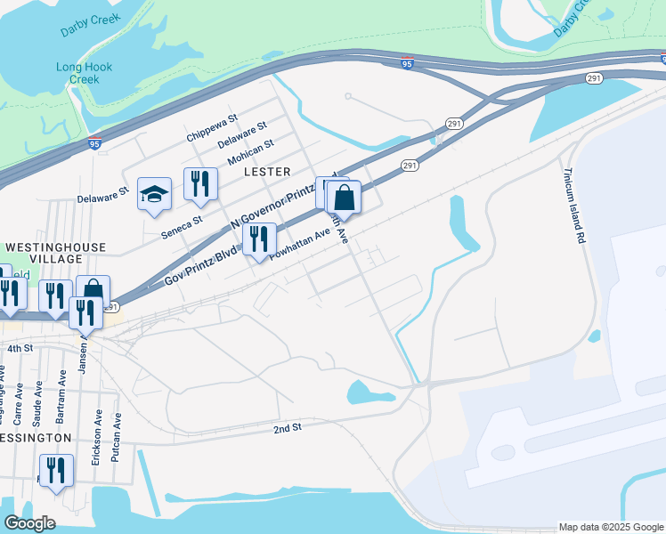 map of restaurants, bars, coffee shops, grocery stores, and more near 323 Massasoit Street in Delaware County